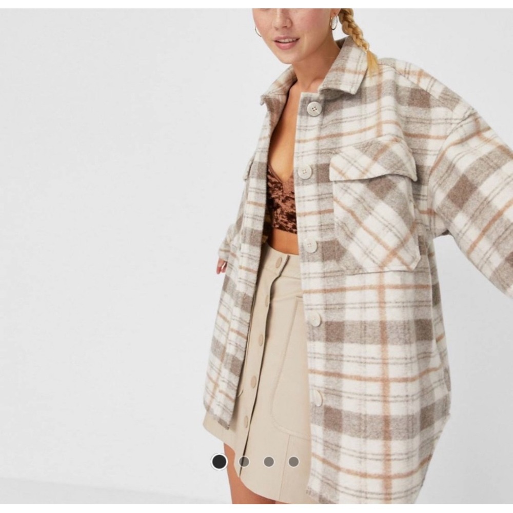 Women's Stradivarius beige check‎ brushed fleece oversized shirt shacket SM Boho
